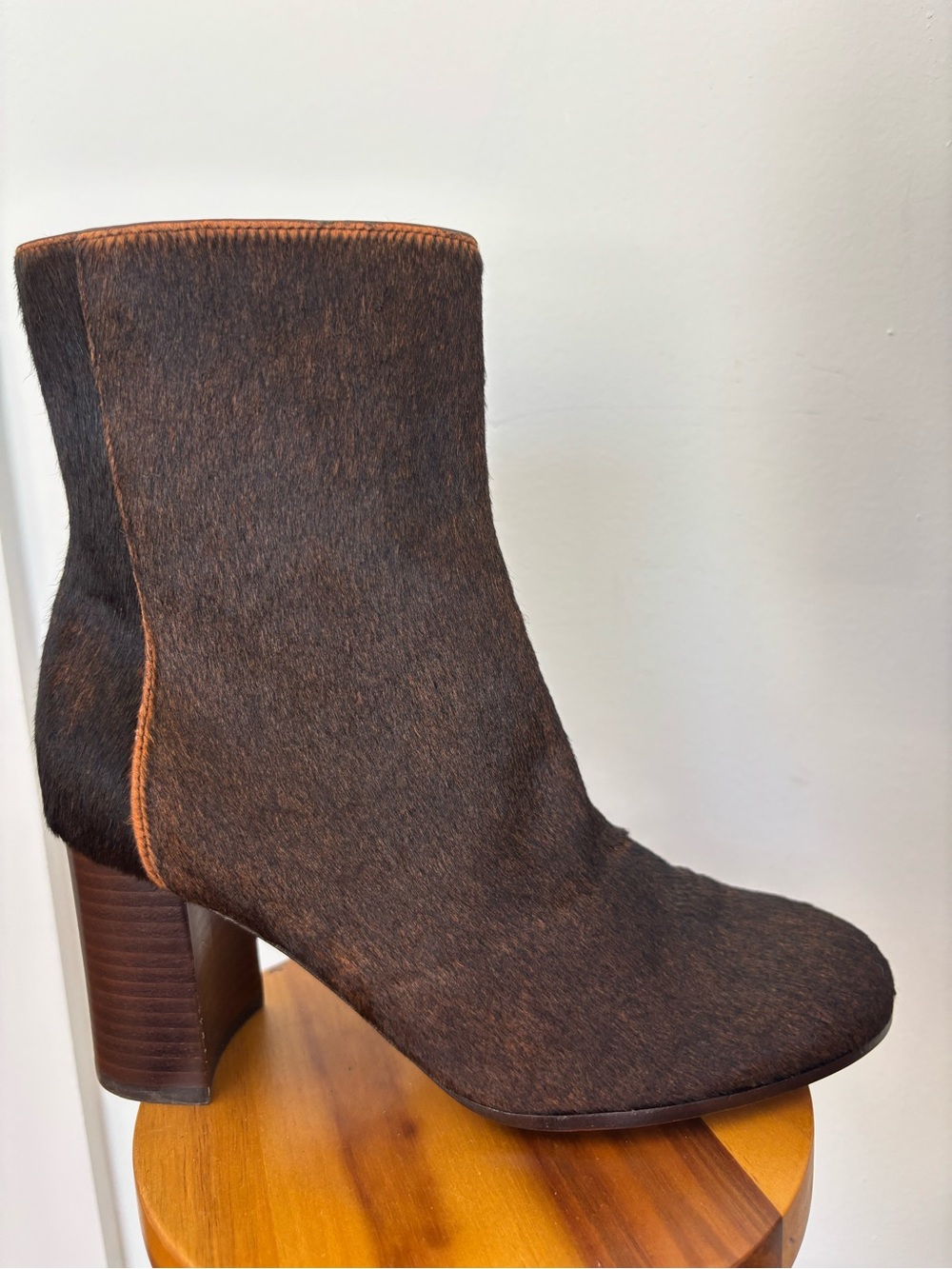 Vince Brown Calf Hair Leather Block Heel Ankle Boots 6.5M  NWOT
